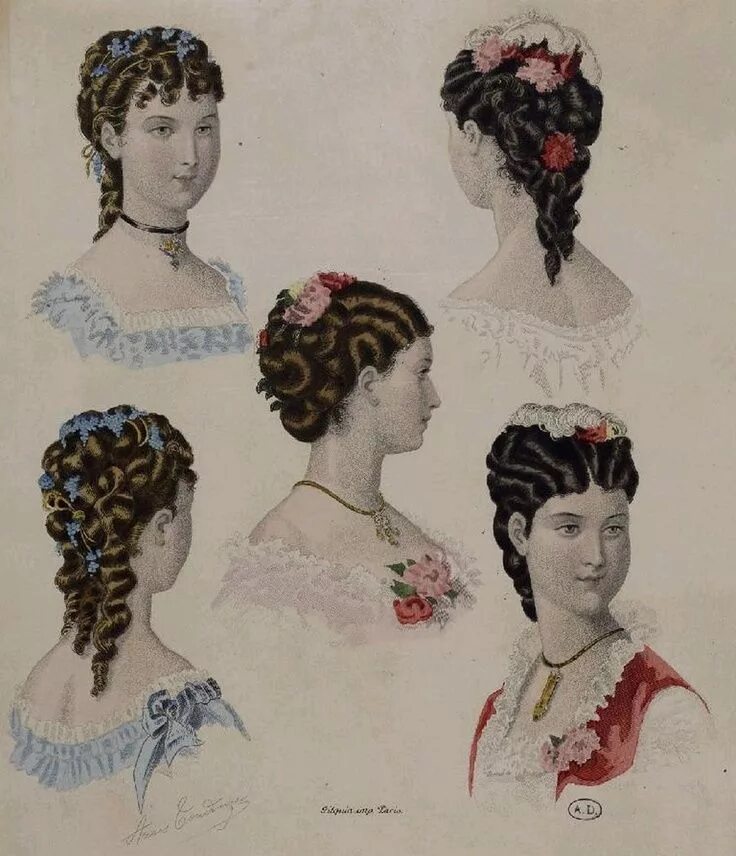 Прически 19 20 века женские Coloured fashion plate showing hair styles of the 1880s Historical hairstyles, V