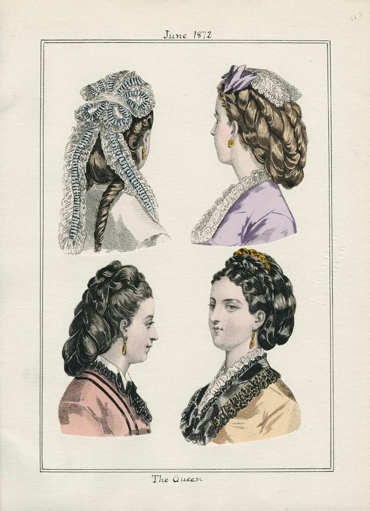 Прически 19 века женские россия LAPL, The Queen, June 1872 Fashion plates, Victorian era fashion, Historical hai