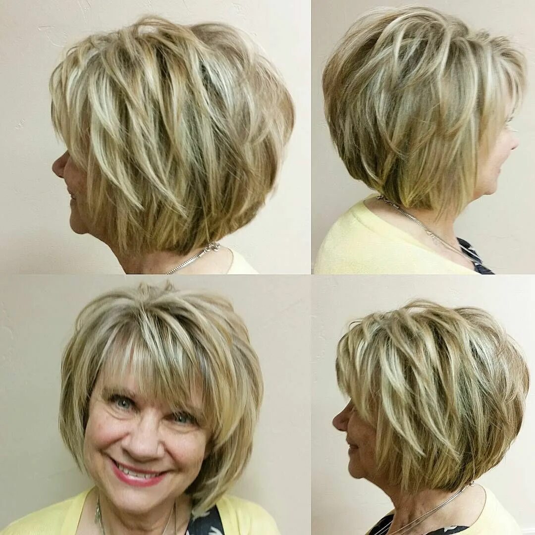 Прически боб каре после 40 Cute Bob Hairstyle with Blonde and Caramel Highlights