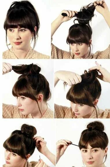 Прически длинные волосы домашних условиях челкой High bun with straight fringe Haircut Styles Diy hairstyles, Medium hair styles,