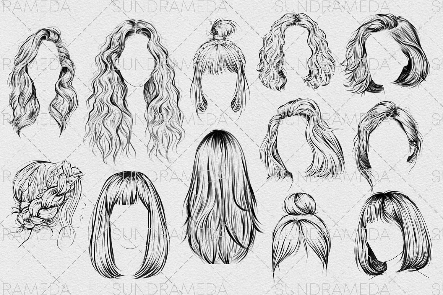 Прически длинные волосы рисунок 24 Hairstyle II Stamps Brushes for Procreate (1234204) Procreate Stamps Design B