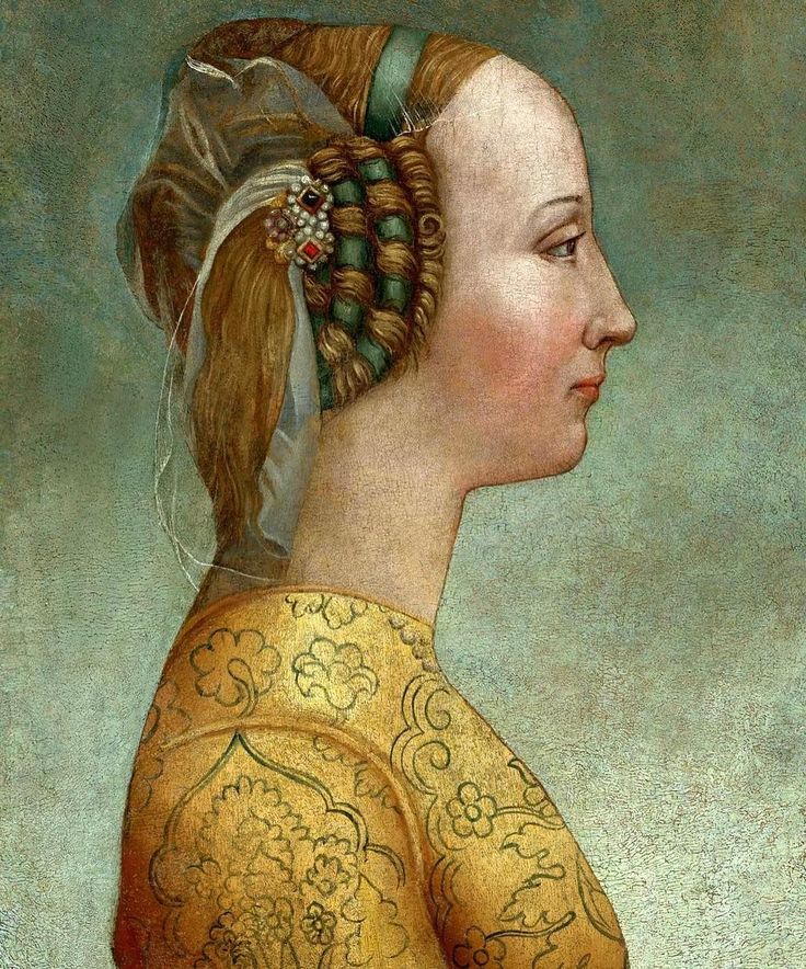 Прически эпохи возрождения женские Florentine woman, Lucía Marliani, Amante de Galeazzo Sforza, 1467. Oil on panel,