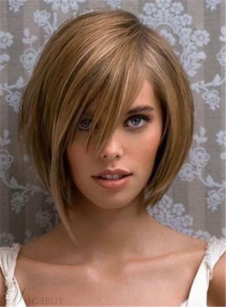 Прически каре с длинной челкой фото Short Straight Side Swept Fringes Bob With Bang Human Hairstyle Capless Wigs 12 