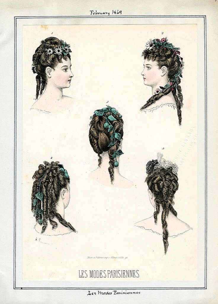 Прически конца Fashion plate, Les Modes Parisiennes 1869 Historical hairstyles, Victorian hairs