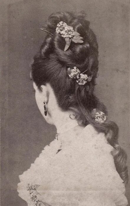 Прически конца A rather graceful 1870s evening do from the back. Victorian hairstyles, Historic