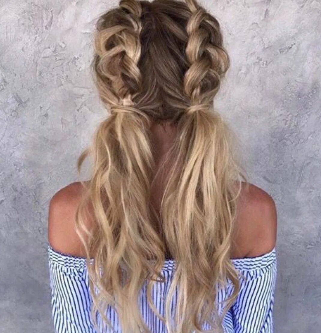 Прически на 2 сентября длинные волосы Two tied messy French-braided pigtails- love the wavy, texturized ends. Long hai