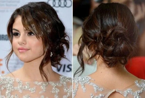 Прически на длинные волосы для круглого Selena Gomez's Wavy, Loose Bun Selena gomez hair, Selena gomez short hair, Down 