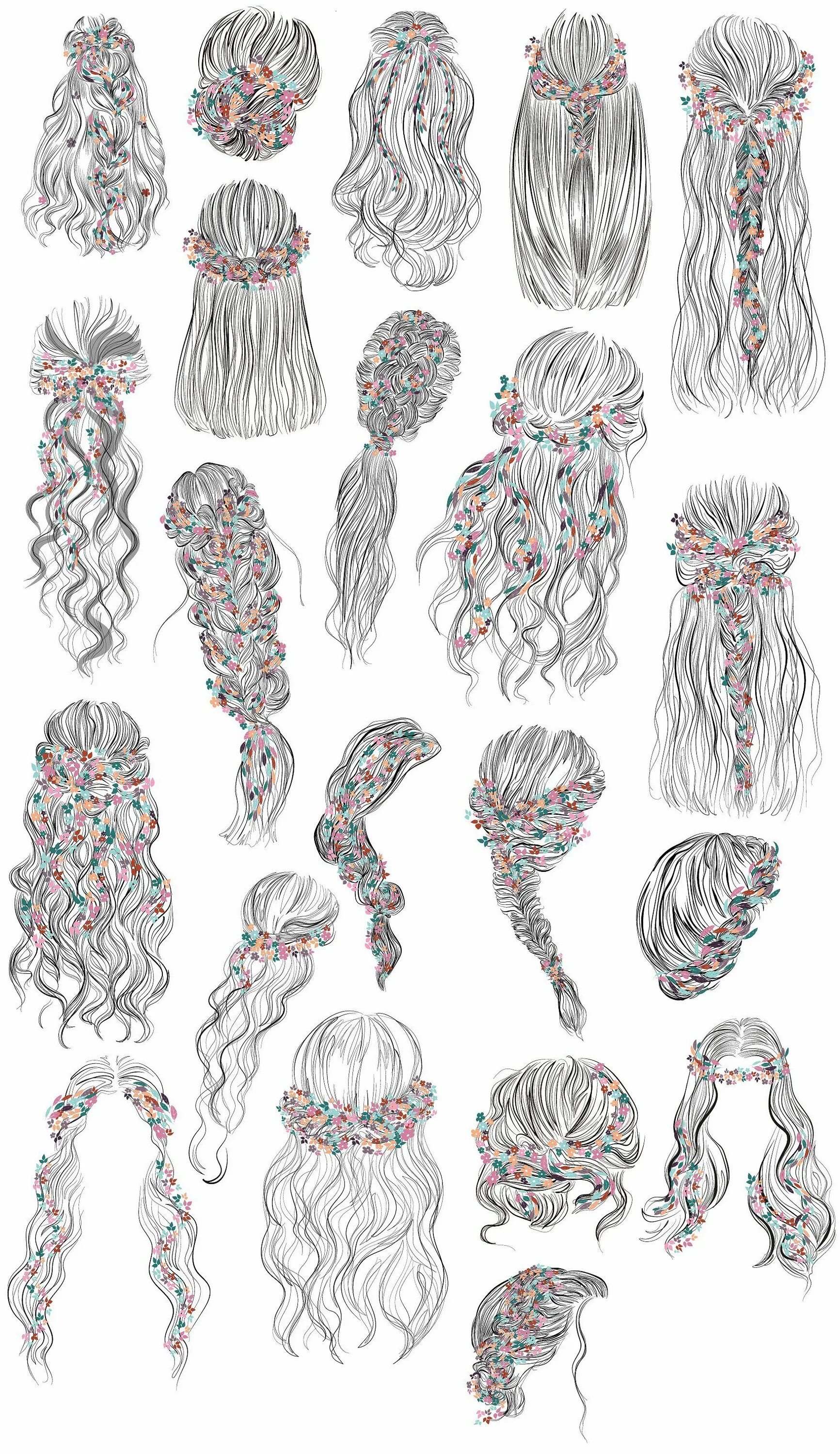 Прически на длинные волосы рисунки Floral wreath hairsyles vector set Drawing hair tutorial, Hair sketch, Girl hair