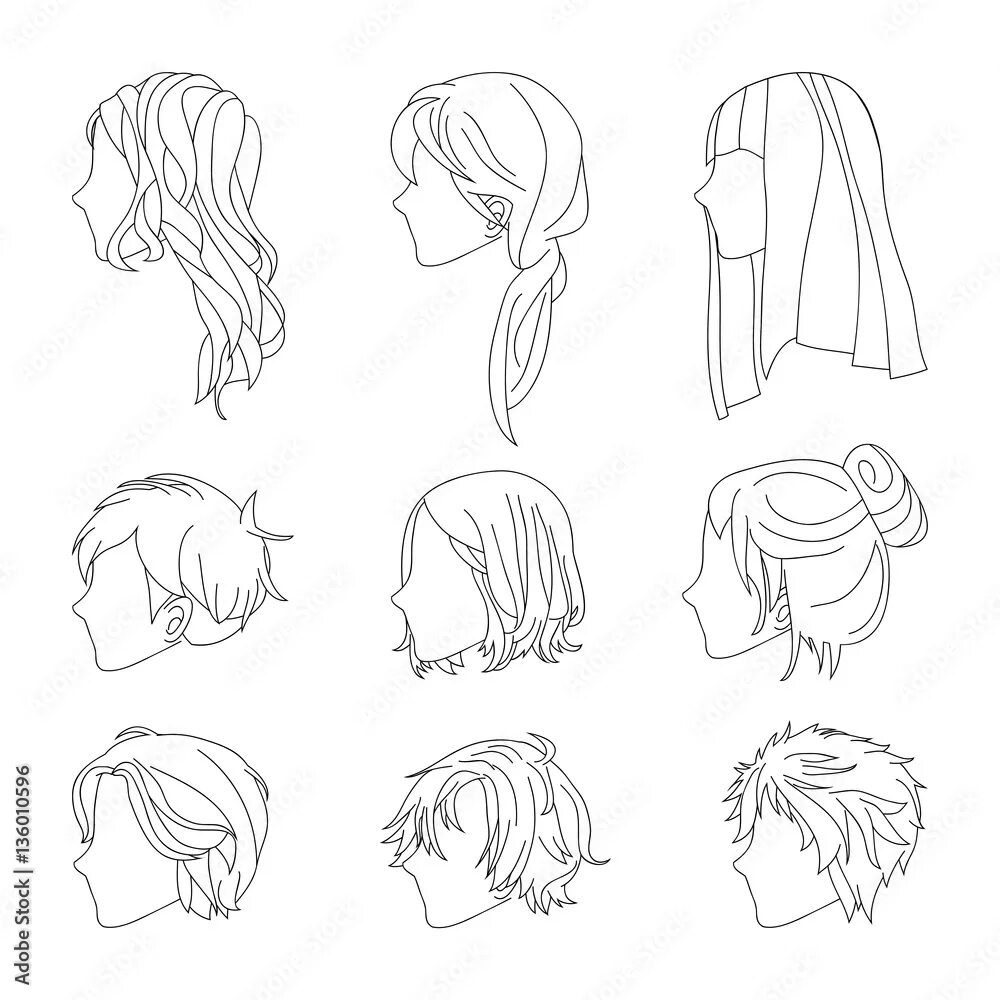 Прически на короткие волосы рисунки Collection Hairstyle Side View for Man and Woman Hair Drawing Set. Vector illust