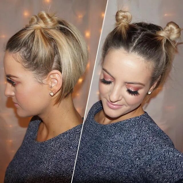 Прически на короткие волосы рожки Twin Fun Buns for Short Hair