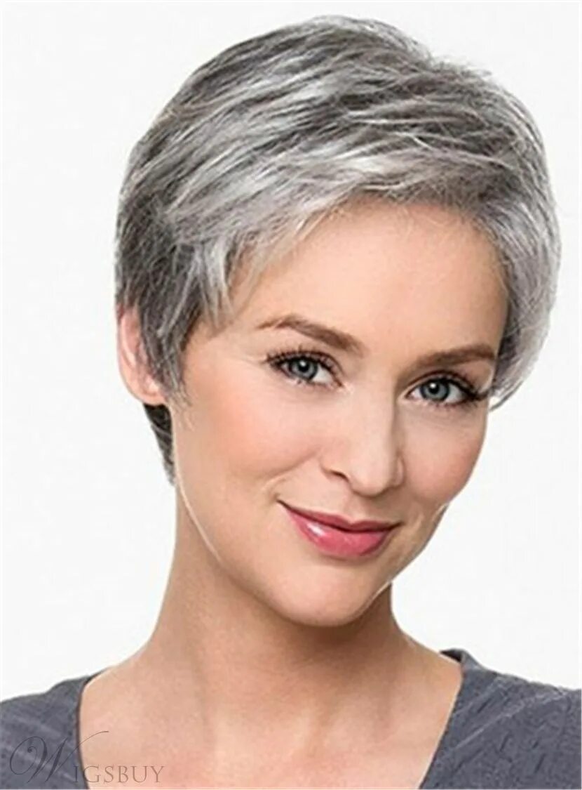 Прически на седые волосы после 50 короткие Salt and Pepper Short Straight Boycut Cut Synthetic Capless Wigs Short hair hair