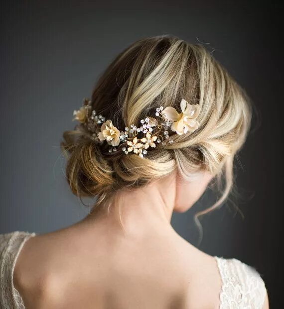 Прически на средние волосы с украшениями Boho Gold Halo Hair Crown, Gold Hair Wreath, Forehead band, Gold Wedding Flower 