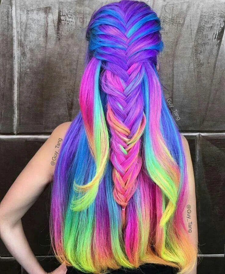 Прически на яркие волосы Rainbow hair color, Neon hair, Cool hair color