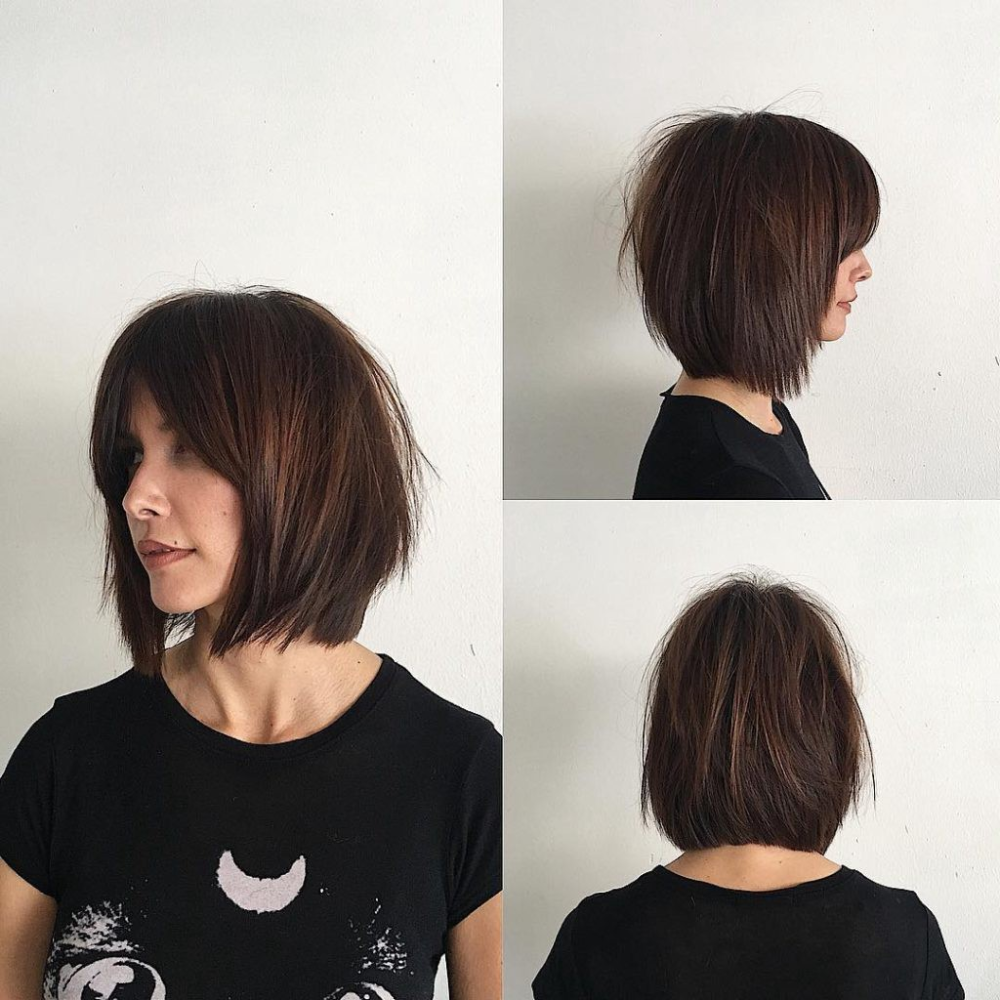 Прически наподобие каре Rich Brunette Soft Layered Bob with Curtain Bangs and Undone Straight Texture - 