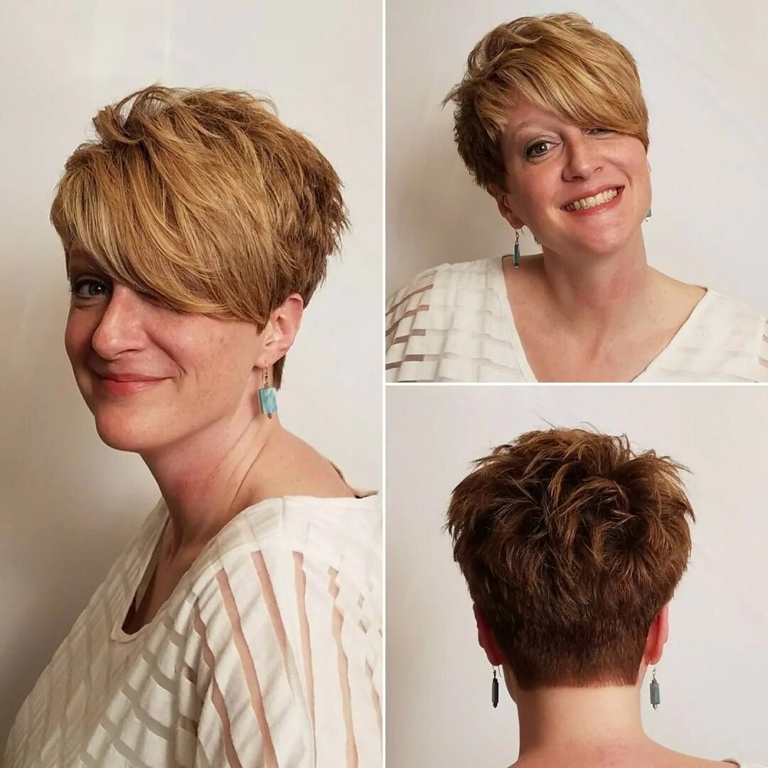 Прически пикси для полных женщин Textured Tousled Pixie Cut with Long Asymmetrical Side Swept Bangs on Warm Golde