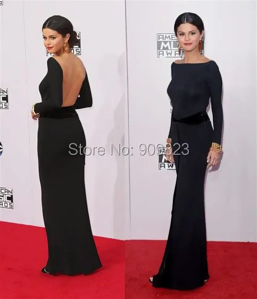 Прически под черное длинное платье Selena Gomez Black Long Dress Boat Neck Long Sleeves Floor Length Backless Dress