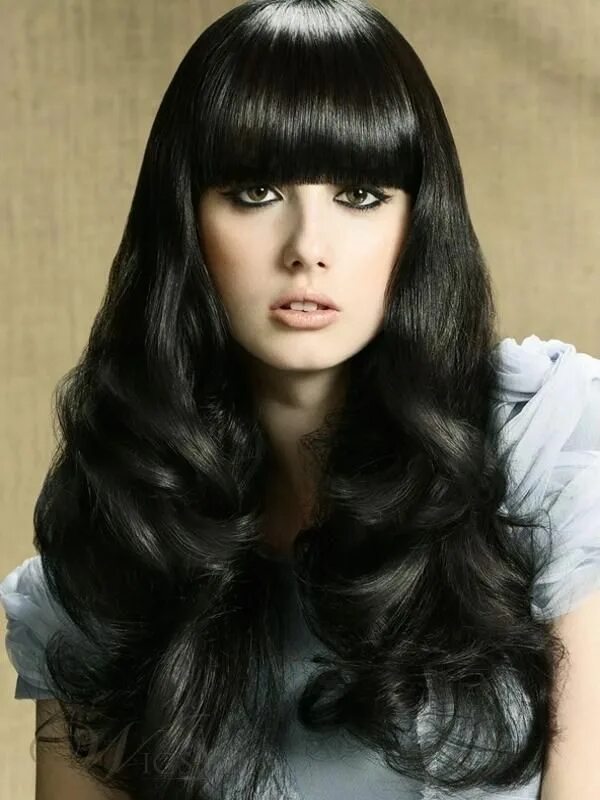 Прически с длинной прямой челкой Long Big Curly Hairstyle Top Quality Black Wig with Full Bang Colores de pelo, P