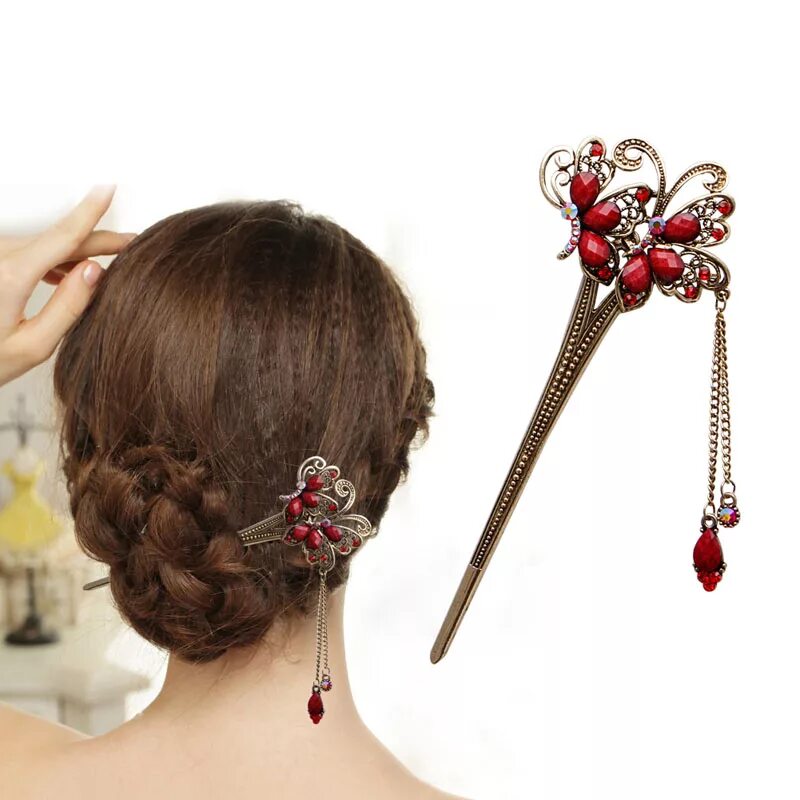 Прически с длинной шпилькой Women Elegant Double Butterflies Bobby Pin Fashion Hairpin Rhinestone Hair Stick