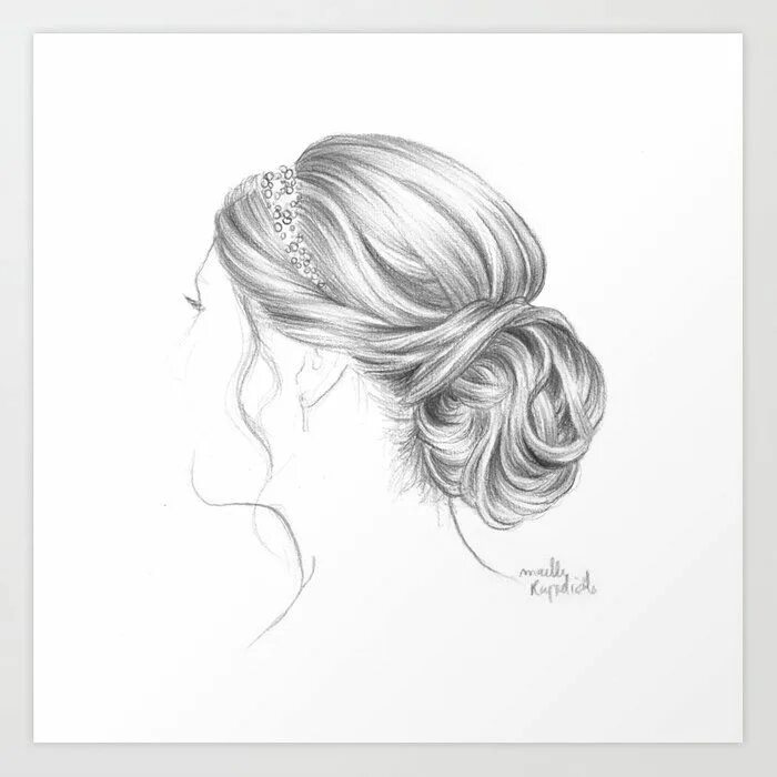 Прически с карандашом на длинные волосы Fancy hairstyle Art Print by MaA lle Rajoelisolo - X-Small Hair sketch, Fancy ha