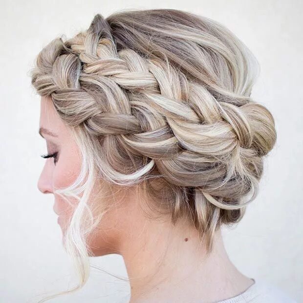 Прически с косами на средние Double French Braid Crown Updo - Nails And Makeup Long hair styles, Hair, Hairst