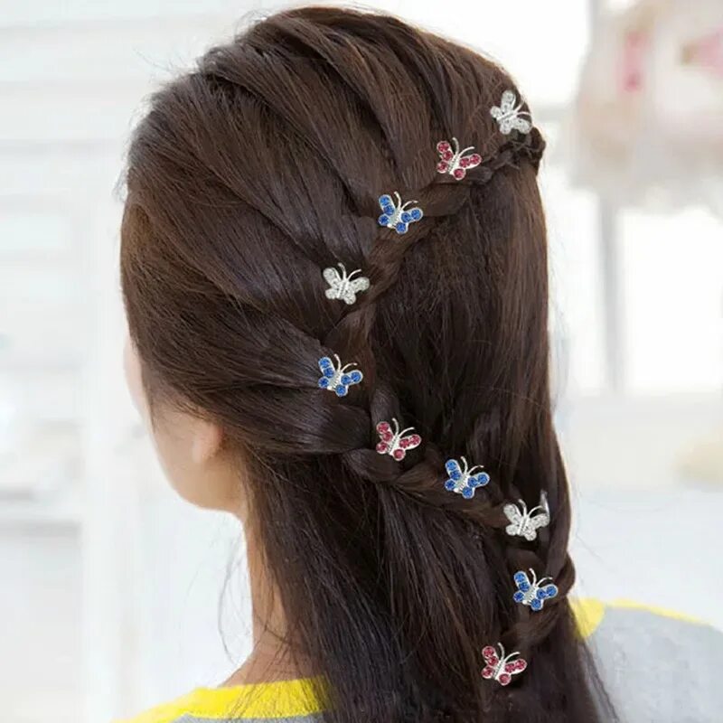 Прически с маленькими крабиками на длинные волосы Plate hair rhinestones Shiny butterfly U type Hairpins Kids butterfly diamond en