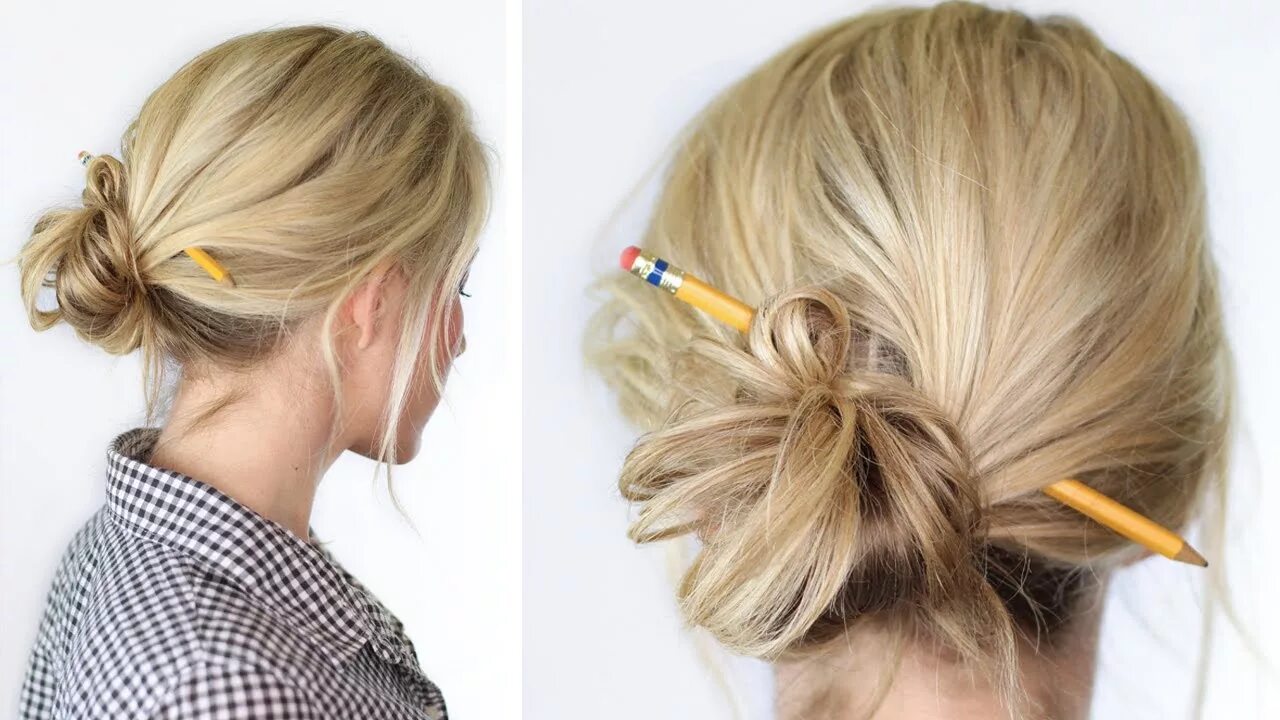 Прически с палочками на короткие волосы Pencil Bun Easy style for school - YouTube