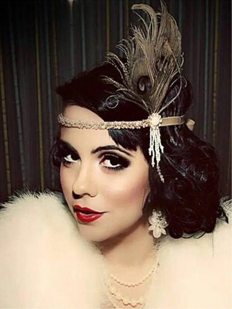 Прически в стиле гэтсби женские Apricot 1920s Rhinestone Feather Headband Great gatsby headpiece, Hair accessori