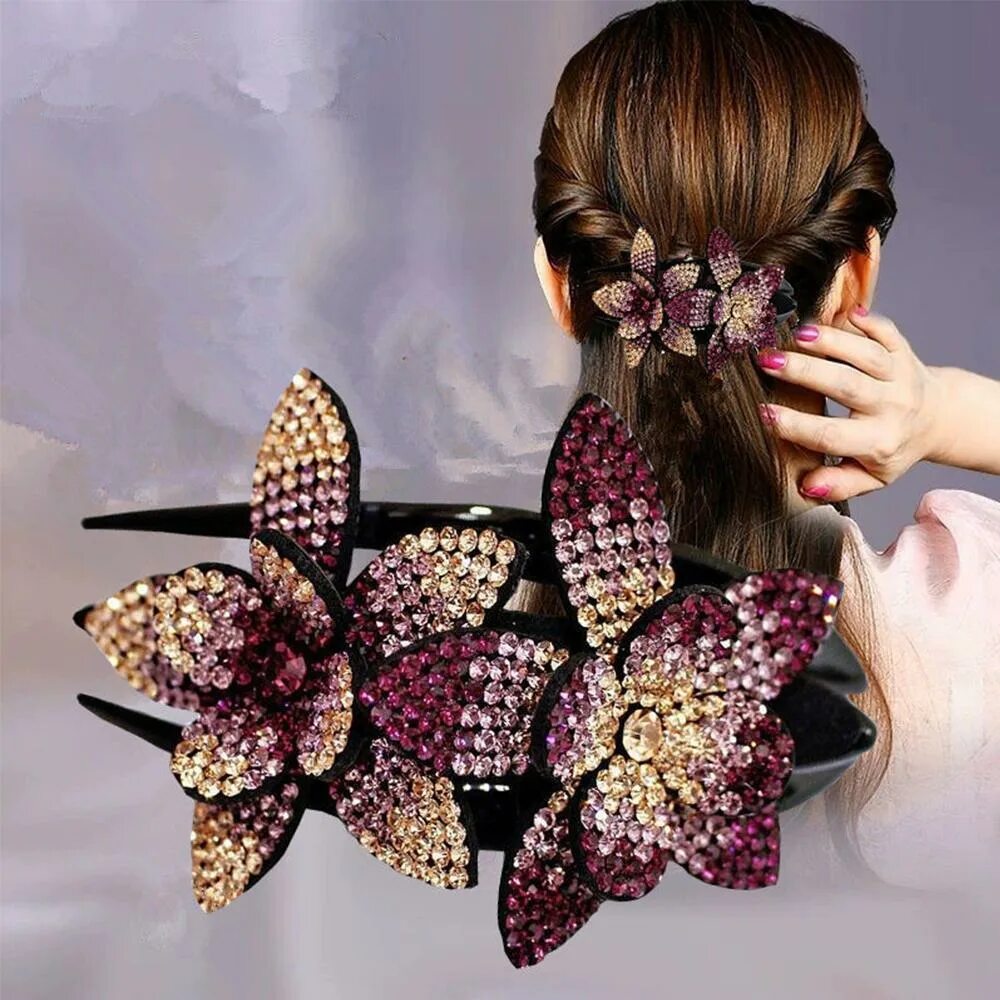 Прически женские заколки Rhinestone Double Flower Headwear Large Size Hair Accessories Hairgrip Crystal H