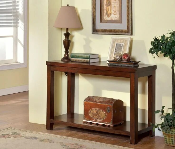 Придиванные столики в интерьере гостиной фото Estell Cherry Sofa Table, CM4107S, Furniture of America Wood console table, Sofa