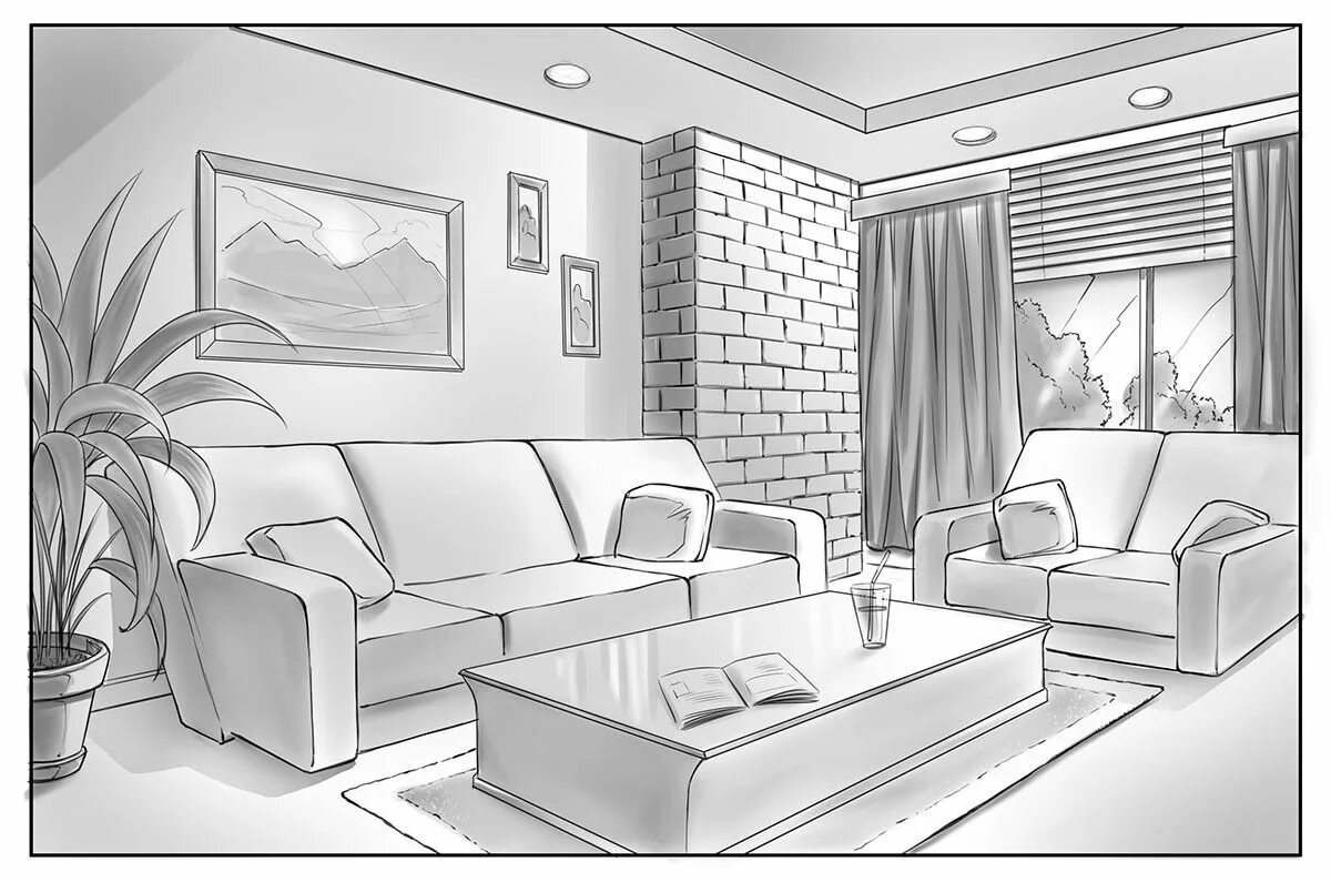 Придумать интерьер комнаты How to Draw Backgrounds in Perspective with Basic Steps Interior design layout, 