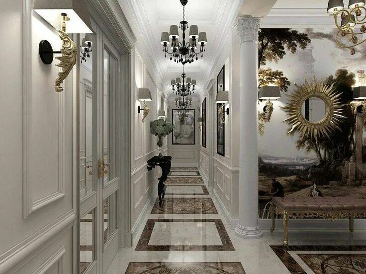 Прихожая холл фото Elegant Hallway with Chandeliers and Paintings