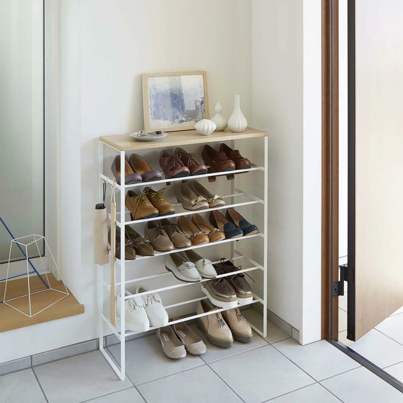 Прихожая хранение обуви фото Yamazaki Home, Tower 6-Tier Wood Top Shoe Rack - Zola