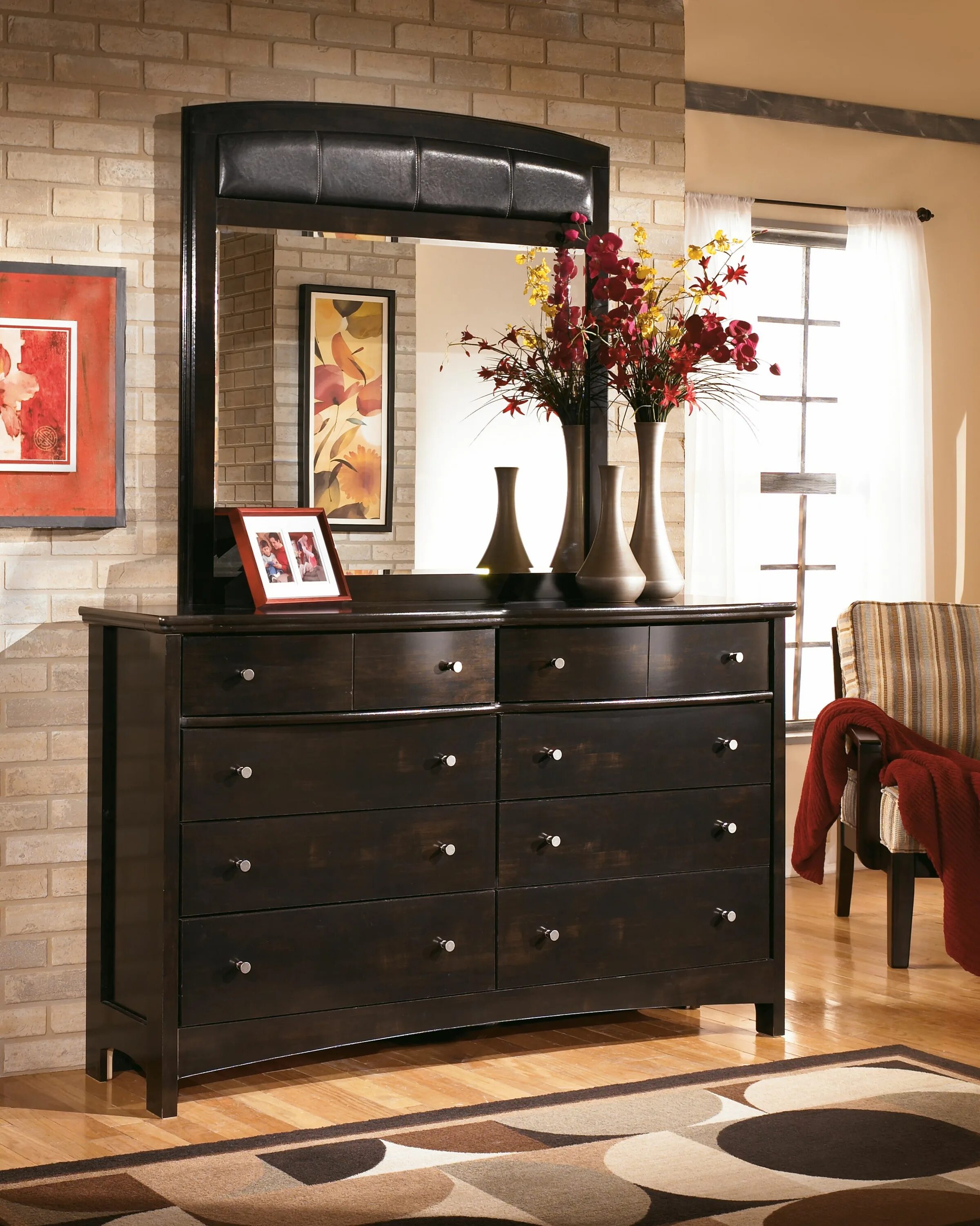 Прихожая комод с зеркалом фото Harmony Dresser and Mirror, Dark Brown Products Dresser, Leather furniture, Furn