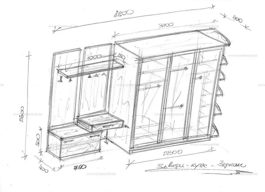 Прихожая своими руками чертежи и схемы фото Мебель для прихожей со шкафом-купе. в Молдове. Эскизы и чертежи мебели от Creamo
