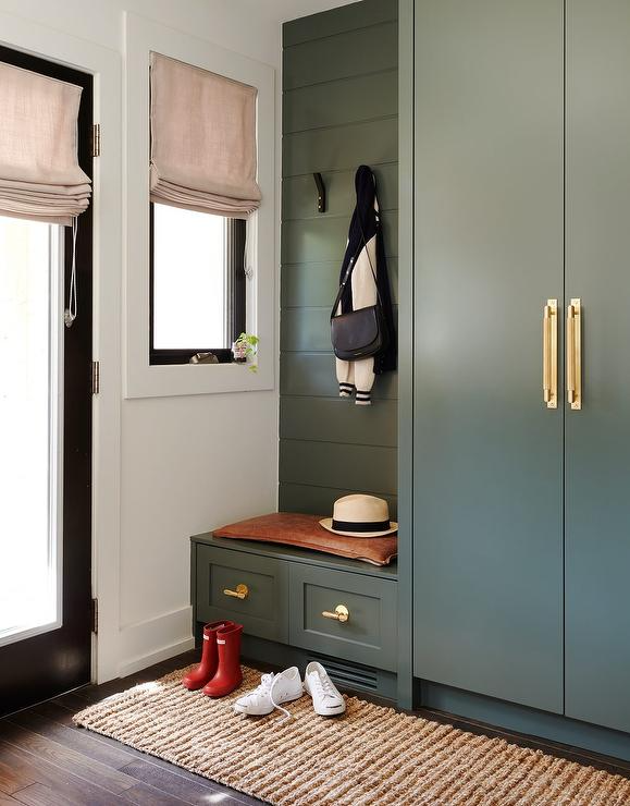 Прихожая зеленого цвета фото Hunter Green Mudroom Cabinets with Green Shiplap Trim - Transitional - Laundry R