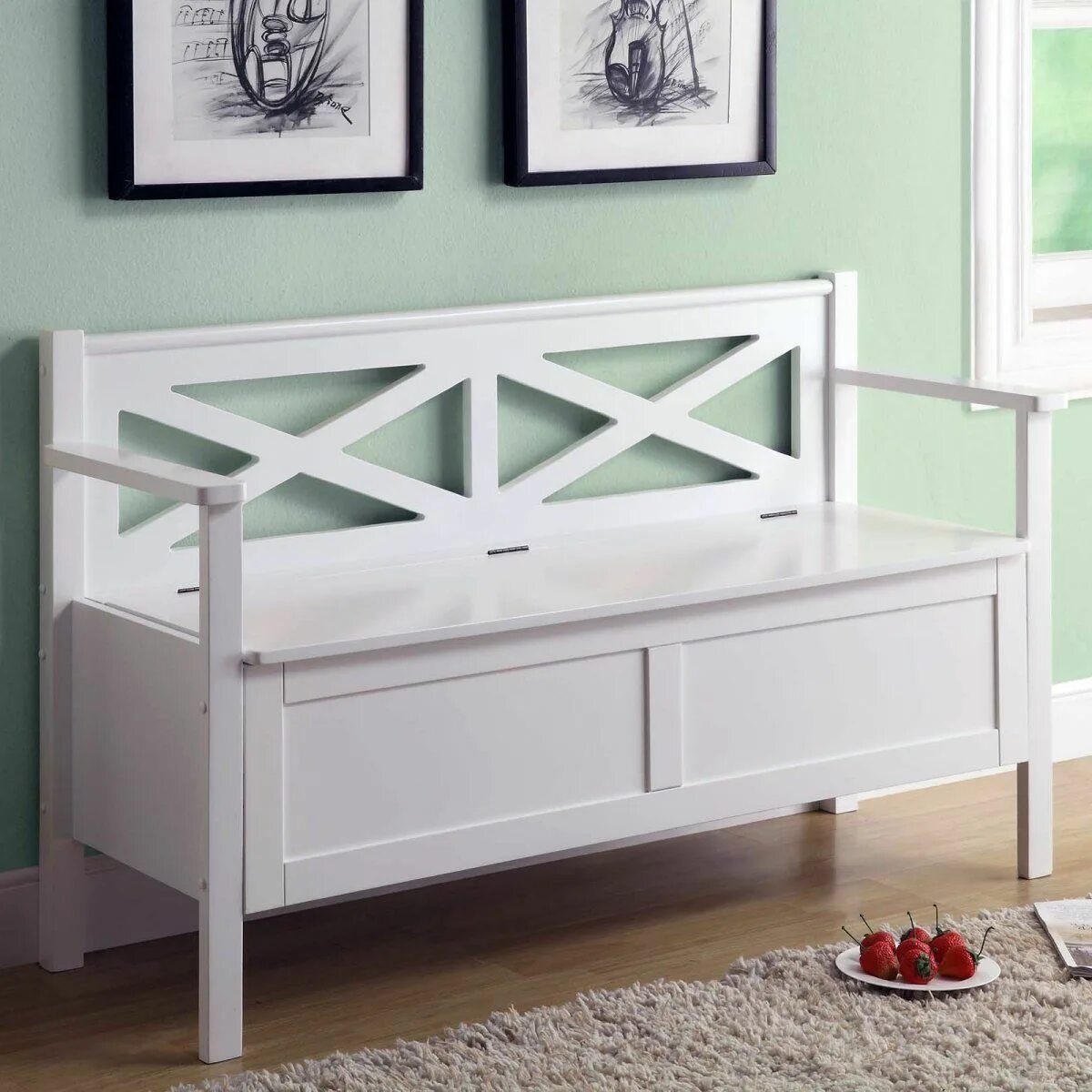 Прихожие скамейки фото Monarch X-Back Wood Storage Bench - White For the Home Wooden storage bench, Woo