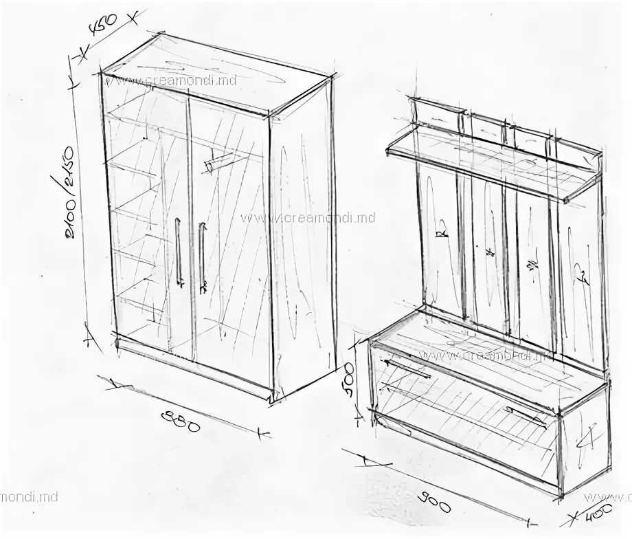 Прихожие своими руками схема Шкаф платяной, открытая вешалка с тумбой для обуви в Молдове. Эскизы и чертежи м