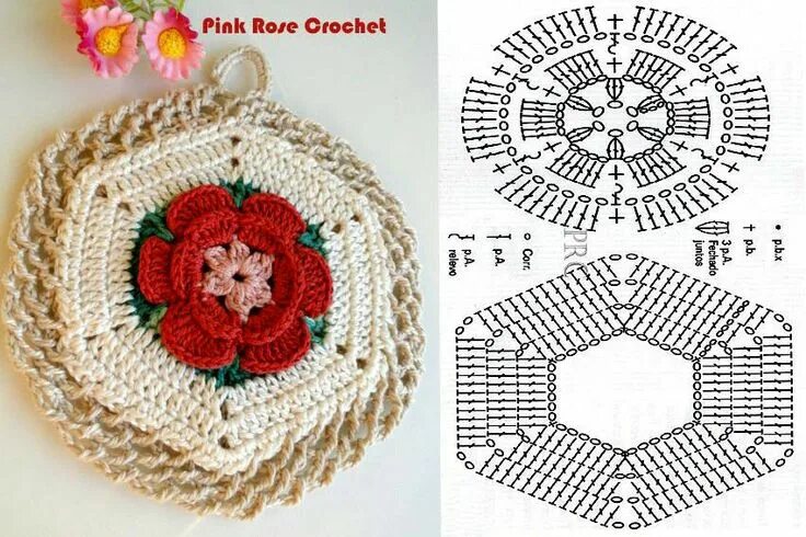 Прихватки крючком новинки со схемами Con flor... Hoa móc, Túi xách, Hoa