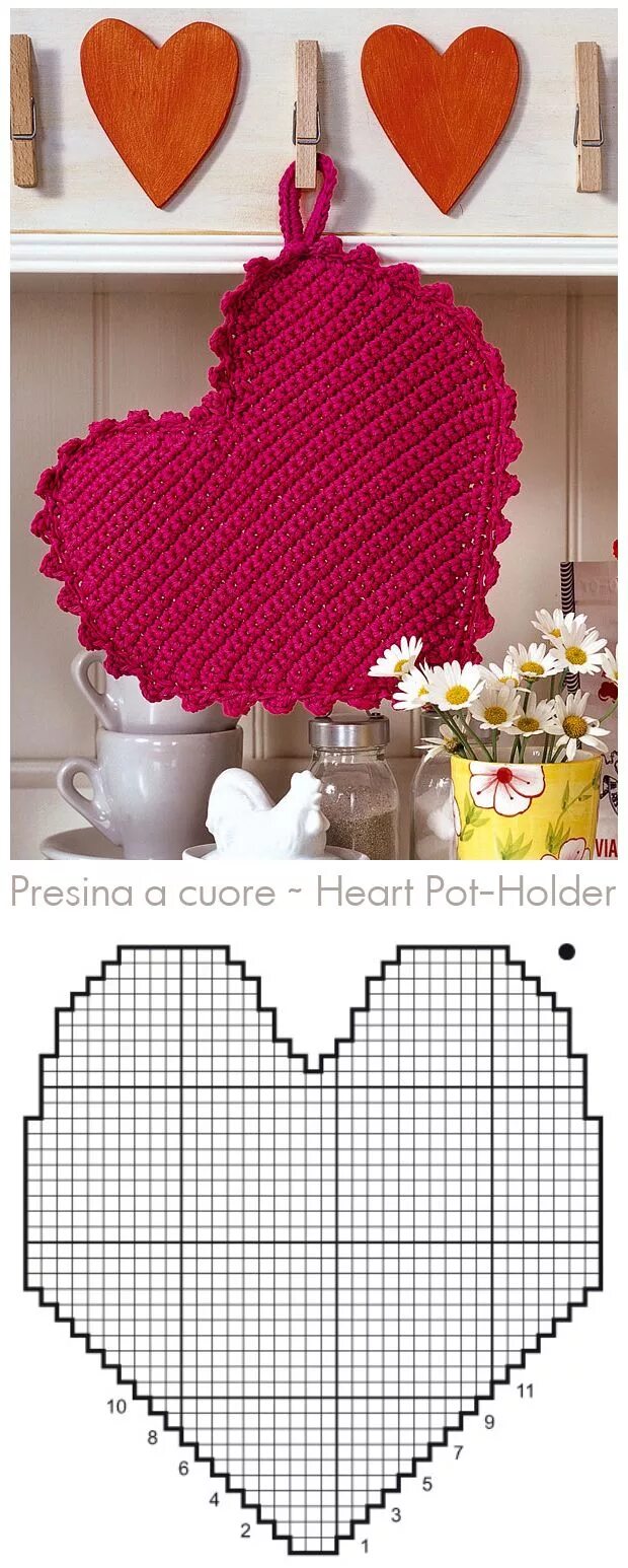 Прихватки спицами со схемами Presina a cuore Heart Pot-Holder #crochet #uncinetto #cuori #schema Crochet patt