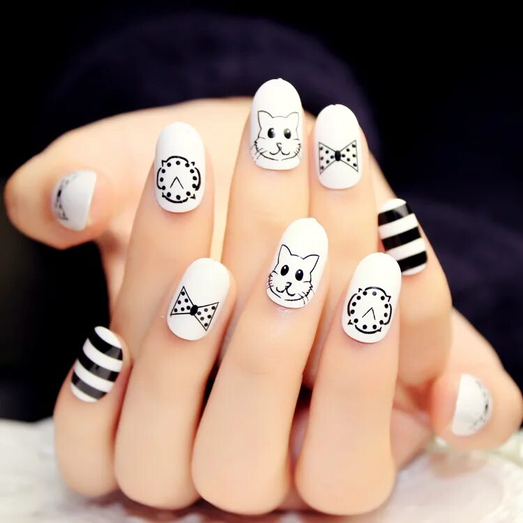 Прикольные идеи для маникюра Cat and clocl pattern fake nails japanese Cute cartoon pattern false nails frenc