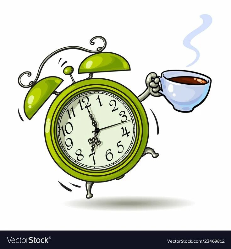 Прикольные картинки на тему доброе утро Cartoon green alarm clock with cup of coffee vector image on VectorStock Clock, 