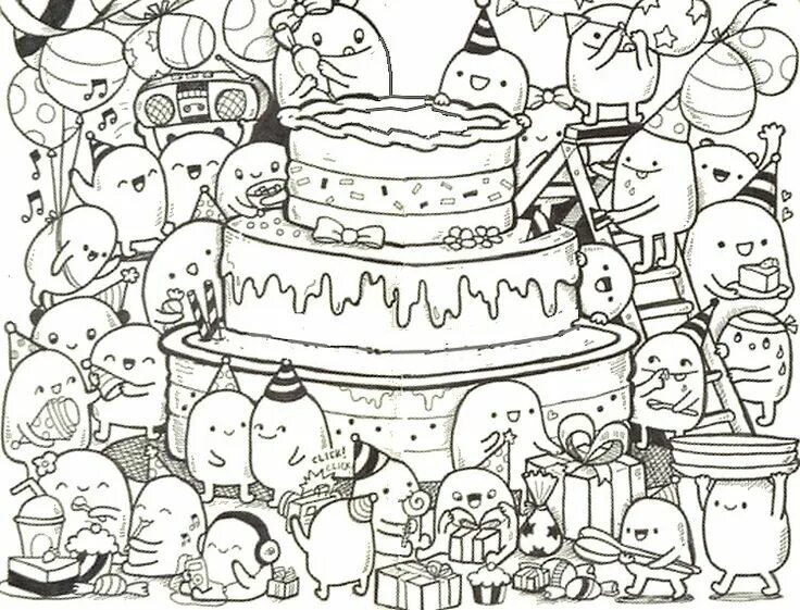 Прикольные картинки с днем рождения черно Adult coloring page Happy Birthday : Doodle cake 9 Birthday coloring pages, Dood