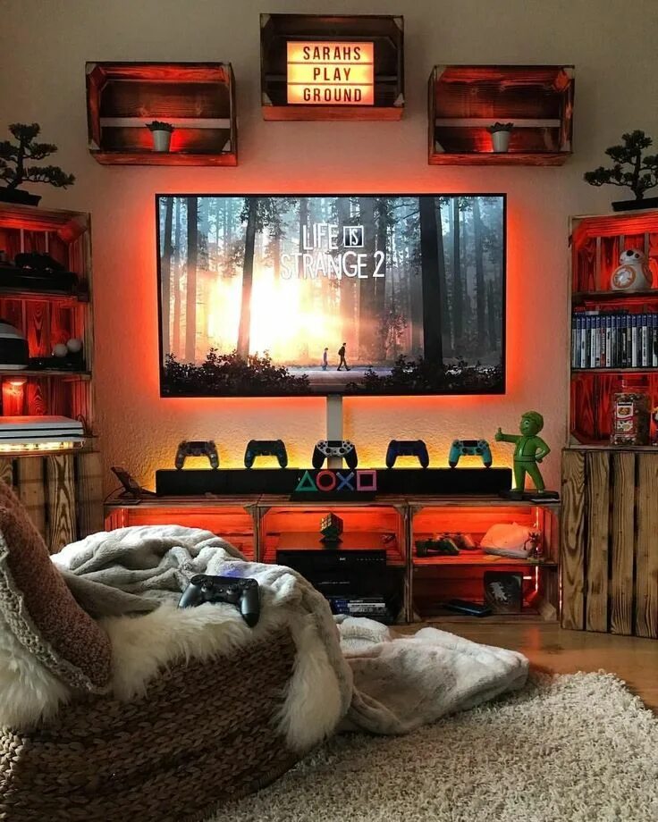 Прикольный интерьер комнаты Best Gaming Entertainment Centers & TV Stand Setup Ideas Gridfiti Video game roo