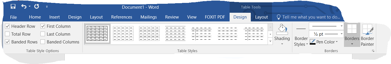 Пример красивого оформления таблицы Screenshot of Table Tools with the Design Tab in the Uppermost Position in Word 