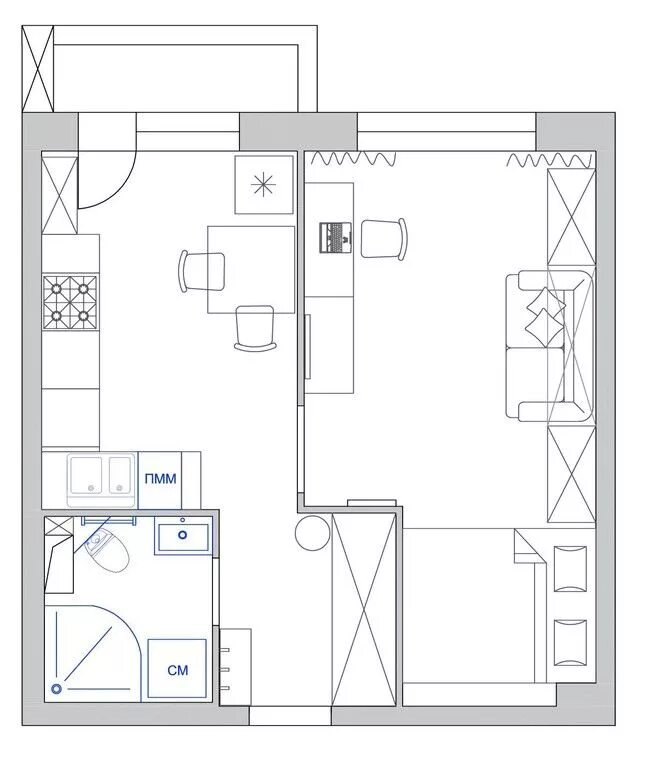 Пример планировки однокомнатной квартиры "Дом света" - реализованный проект однокомнатной квартиры в Москве - запись поль