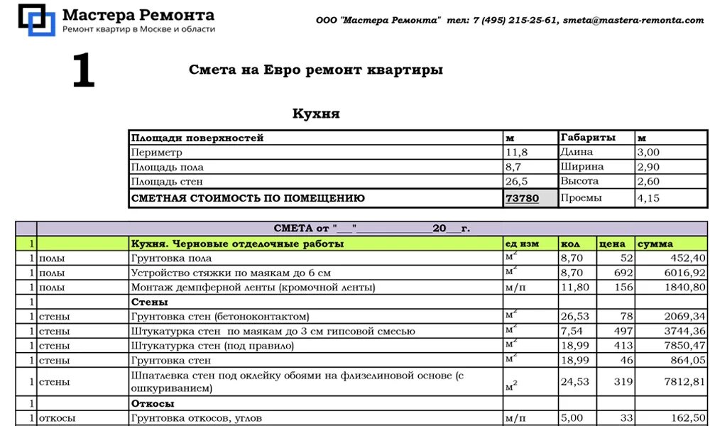 Пример смет на отделку Смета на строительные работы