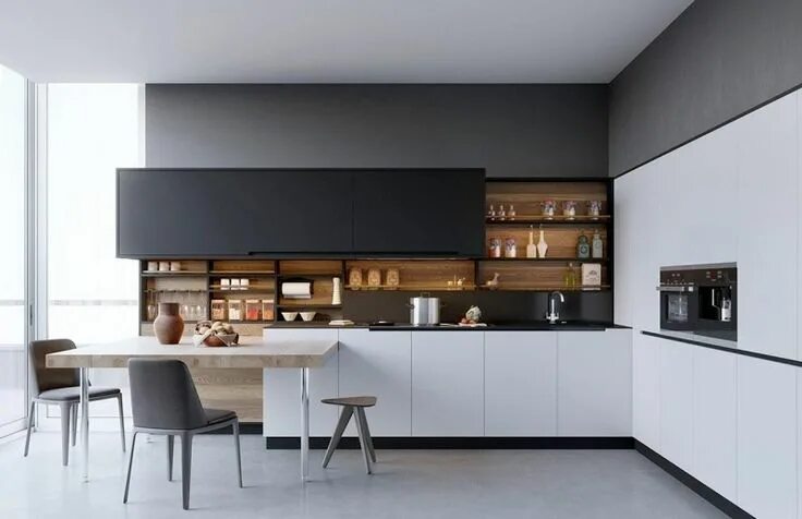 Пример современного дизайна Aménagement cuisine blanche, noire et bois- 30 idées cool White modern kitchen, 