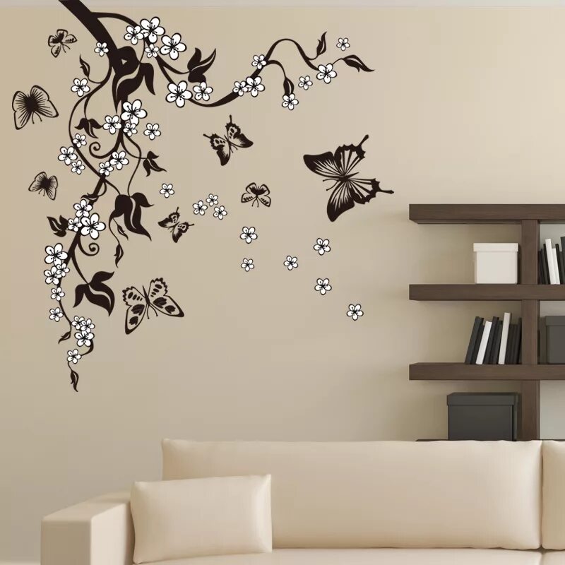 Примеры декора на стену Creative Butterfly Flower Branch Decorative Wall Stickers Home Decor Living Room