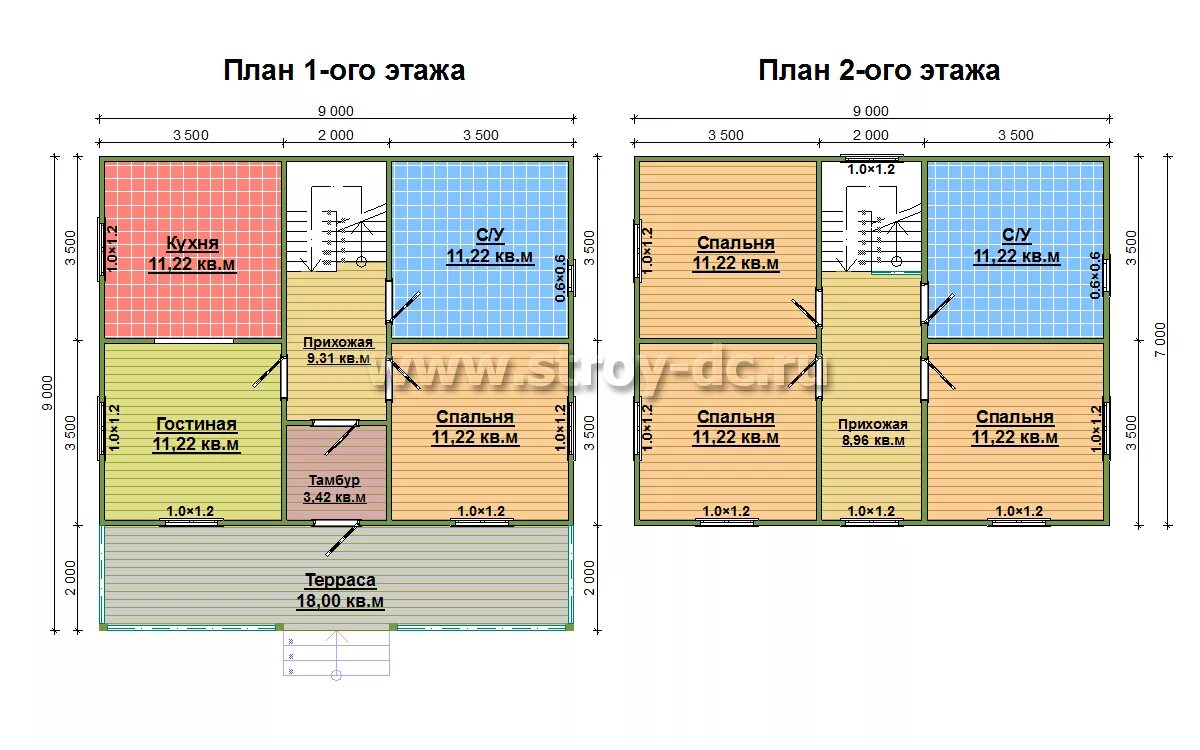 Примеры домов 9 на 9 Двухэтажный дом из бруса 9х9 м - Проект Д79 площадью 111,45 кв.м., с террасой