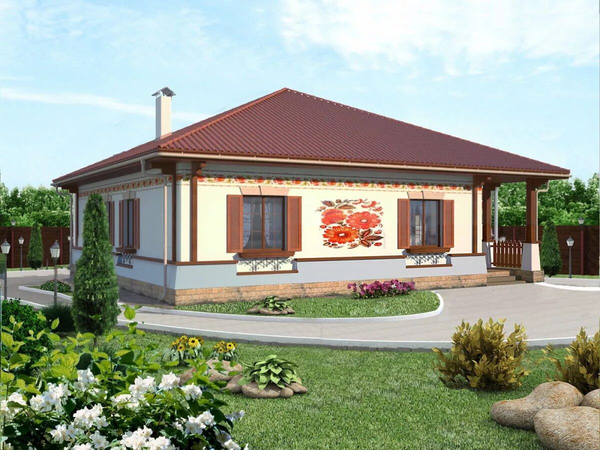 Примеры фасадов одноэтажных домов House plan ''Orange'' 122 sq.m